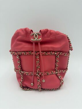 CHANEL Pink Chain Drawstring Bag Authentic